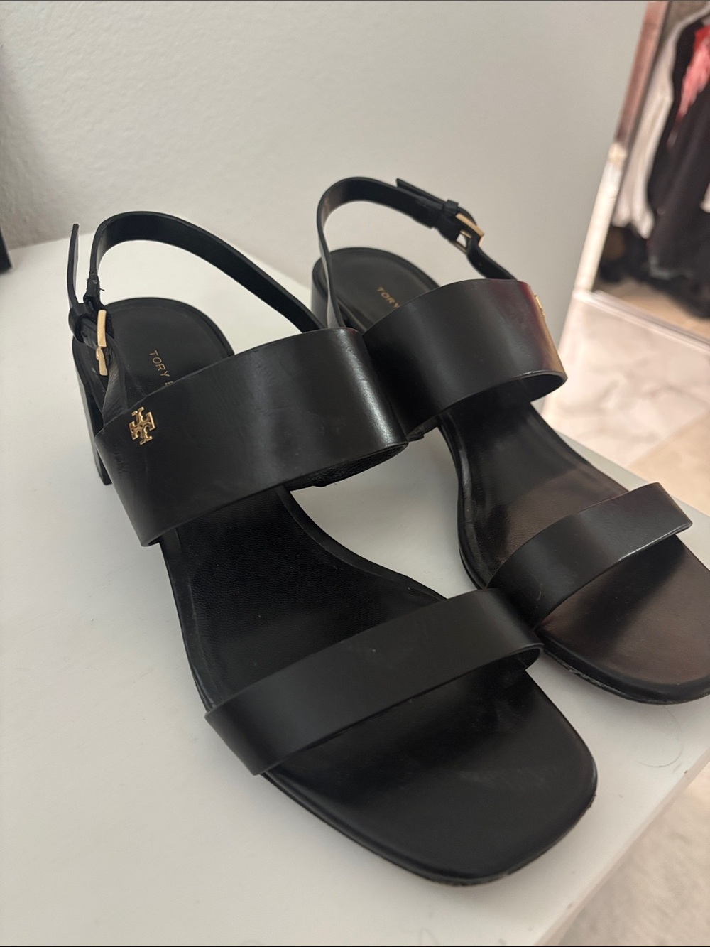 Tory Burch Black Leather Double-Strap Slingback Heels with Gold Logo